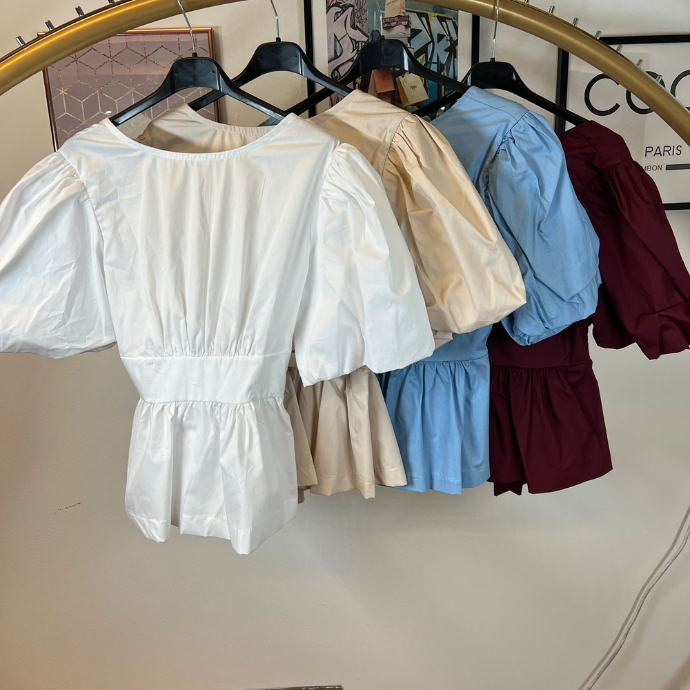 MDe In Italy 100% Cotton Puff Sleeve Tops White, Cream, Blue, Burgundy